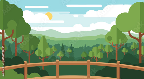 Scenic Forest View From Wooden Deck with Sun and Clouds