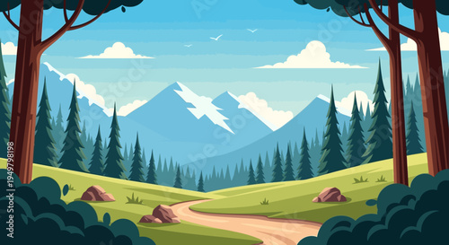 Scenic mountain landscape with winding path and pine forest, clear blue sky, nature