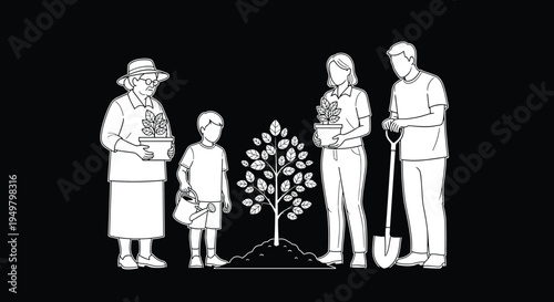 Family planting tree together, community gardening concept illustration, environment protection, sustainability teamwork, nature conservation, eco friendly lifestyle