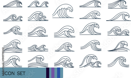 Print Minimalist Water and Ocean Wave Icon Pack Featuring Liquid Drops Splashes Ripples and Dynamic Sea Tides for Environmental and Nautical Design