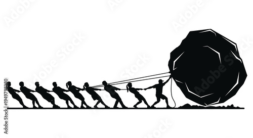 A team of people collaboratively pulling a large rock representing effort and unity silhouette high quality