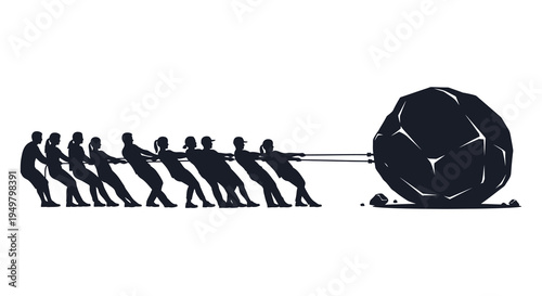Teamwork in action a group pulls a large boulder with determined effort a striking silhouette