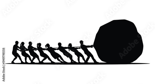 A determined group of people collaborate to pull a large rock presented as a silhouette