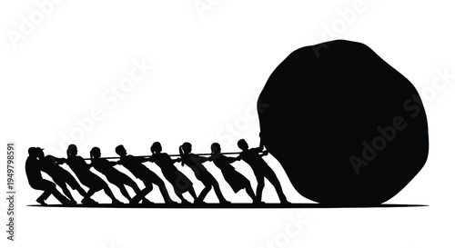 A group of people powerfully pulling a massive boulder demonstrating teamwork and strength silhouette high quality