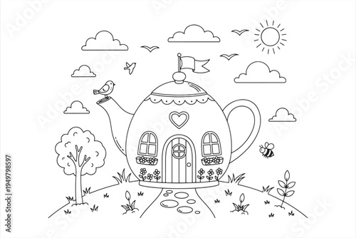 Whimsical teapot house with floral garden and cloudy sky
