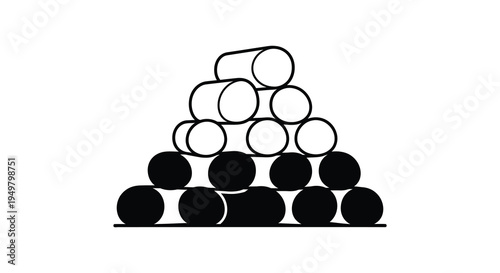 Stacked barrels form a pyramid shape in a minimalist black and white illustration silhouette high quality