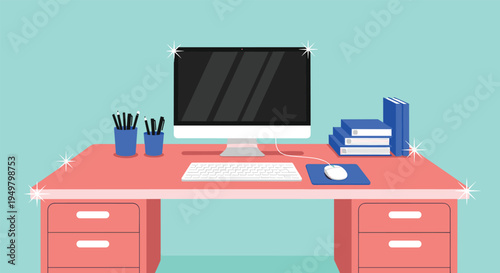 Modern workspace desk with computer, books and stationery, office workspace illustration, productivity study table setup, clean workspace design