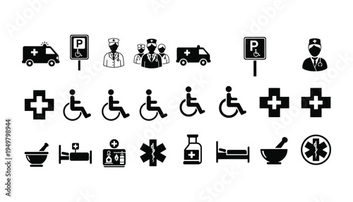 Black and white medical icons depicting healthcare accessibility and emergency services