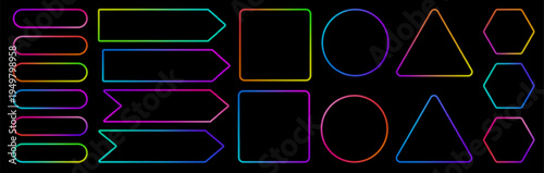 Colorful neon UI set with luminous outline, gradient shine and clean stroke. Perfect for neon action call graphics, shop elements, promo banners and modern digital interface design.