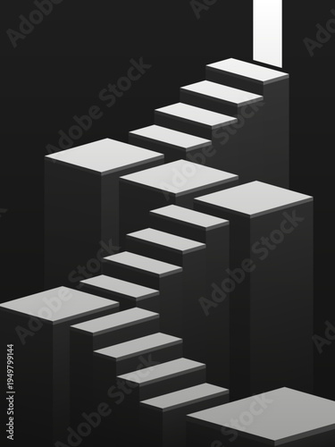A staircase leading upward to success. A black and white staircase with turning steps leading upward. A sketch for use in creative work.