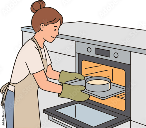 Woman taking a dish out of the oven in a kitchen