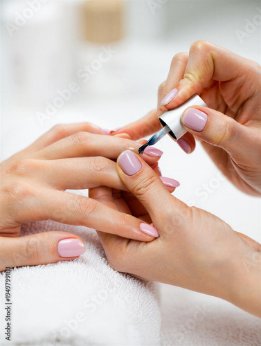 Woman getting pink nail polish applied to fingernails by beautician in salon transparent background
