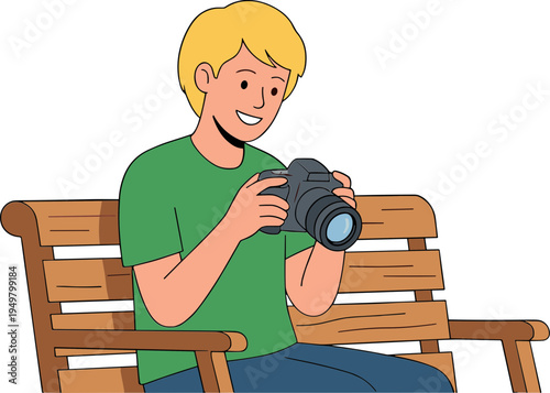 Man sitting on a wooden bench holding a camera smiling