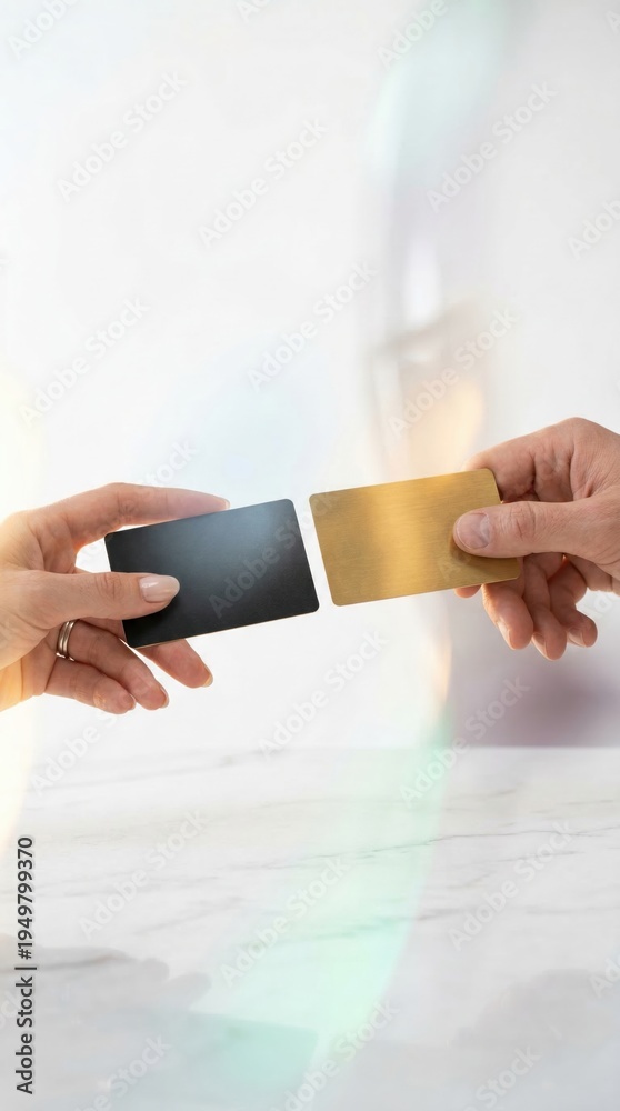 Obraz premium Two hands holding black and gold credit cards for financial exchange over a marble surface with copy space for premium banking services and fintech marketing
