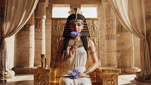 Egyptian queen sits regally on a golden throne in an ancient temple. She holds a blue lotus flower, adorned with elaborate headdress and gold jewelry.