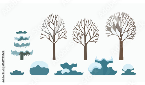 Winter Landscape Elements Snowy Trees and Bushes Cartoon Vector Set