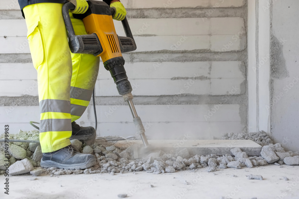 Fototapeta premium Construction worker breaks up concrete with a powerful jackhammer