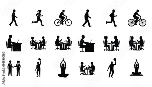 Diverse silhouettes depicting work leisure and wellness activities in a minimalist style