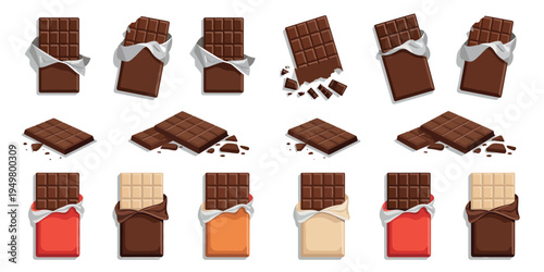 Chocolate bar illustration showing wrapped bars, broken pieces, and whole cocoa dessert snacks isolated on transparent background, detailed sweet confection design for packaging, menu, poster, and bra