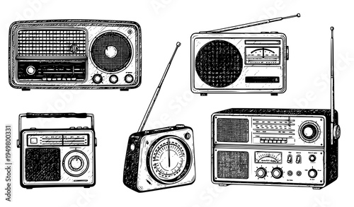 Vintage retro radio hand drawn sketch old broadcast receiver vector set