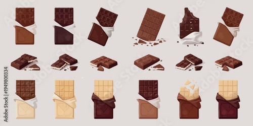 Chocolate bar illustrations with wrapped, broken, and whole pieces isolated on transparent background, realistic cocoa dessert snack design elements for packaging, menu, advertising, and food branding