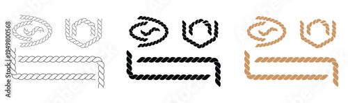 Nautical rope frames and borders vector set. Twisted marine rope knot decorative design elements.