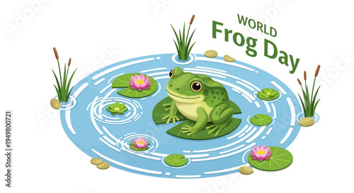 Illustration of a green frog sitting on a lily pad in a pond with flowers and cattails on World Frog Day, promoting amphibian conservation awareness.