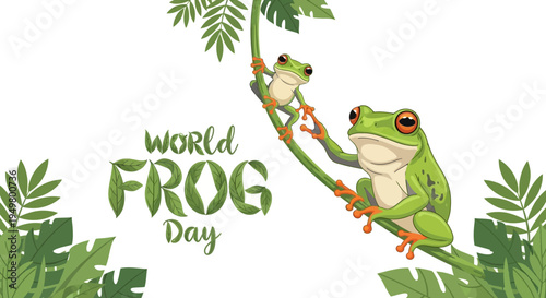 An illustration of two green frogs on a branch with leaves for World Frog Day, promoting amphibian conservation awareness with a natural habitat background.