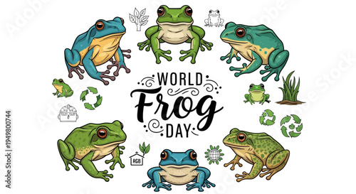 Vector illustration of frogs in natural habitat for World Frog Day design and conservation awareness with green frogs and eco-friendly symbols.