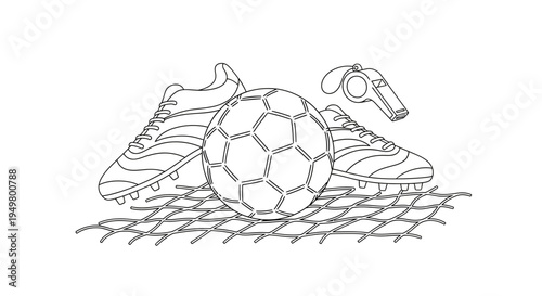 Vector illustration of soccer ball, cleats, and whistle on grass