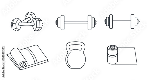 Set of 6 gym icons vector, fitness symbols