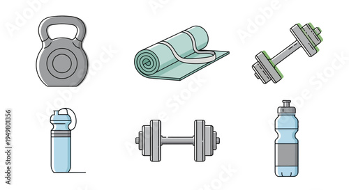 Set of 6 fitness icons vector, gym equipment and accessories