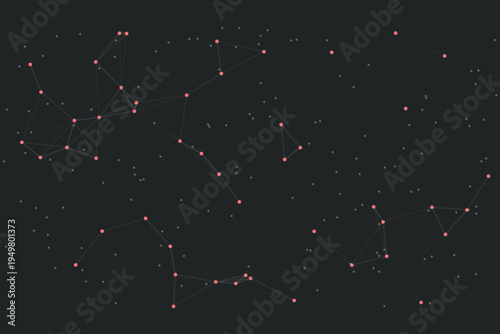 Abstract dark gray vector background with interconnected red dots and lines forming a complex network, representing data, technology, or scientific concepts for digital design.