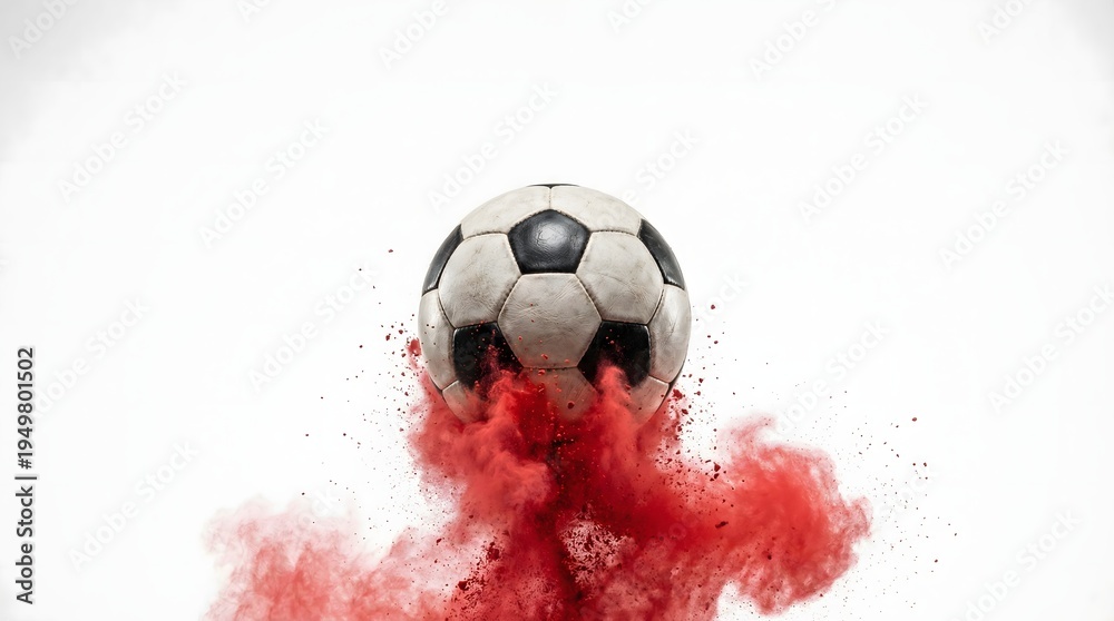 Naklejka premium Soccer ball with vibrant red powder explosion rising from below. Dynamic football energy concept for sports posters, banners and tournament promotion.