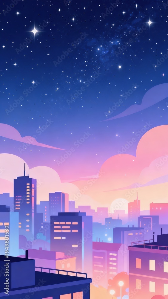 Naklejka premium Starry night cityscape with glowing buildings and colorful sky