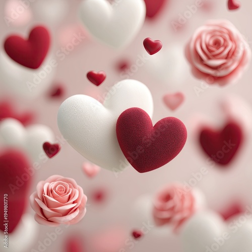 3D Red & White Hearts with Pink Roses – Romantic Valentine Decor for Wedding, Love & Cards