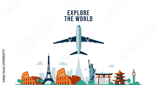 Airplane flying over famous landmarks, explore the world concept
