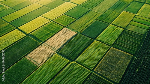 Aerial Birdseye View of Geometric Green Crop Fields in Rural Countryside Farmland, Showcasing Agriculture Landscape with Cultivated Terrain Pattern