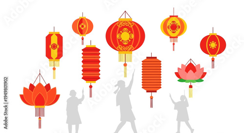 Asian Lanterns and Silhouettes of People Celebrating