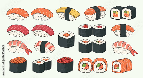 Assorted Sushi Collection: Salmon Nigiri, Maki Rolls, Shrimp, and Ikura
