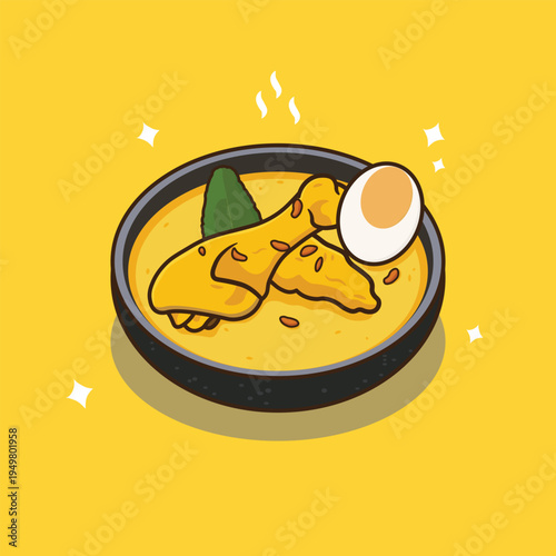 Flat cartoon illustration of Indonesian food, chicken opor, usually served during Eid
