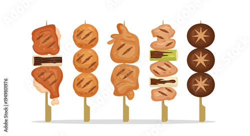 Assorted Grilled Skewers on White Background - Japanese Yakitori Style