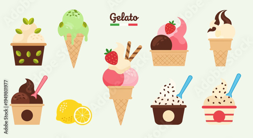 Assorted Gelato Flavors with Strawberries and Pistachios