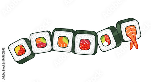Assorted Sushi Rolls with Salmon, Avocado, and Caviar on White Background