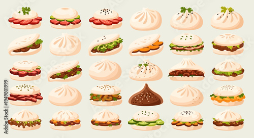 Assorted Steamed Bao Buns and Dumplings with Various Fillings