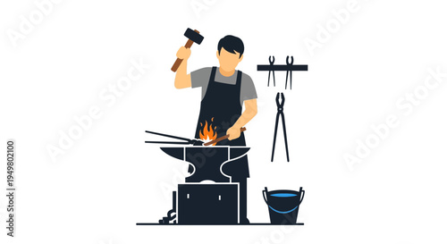 Blacksmith working at anvil with hammer and tongs, forging metal with fire, vector illustration