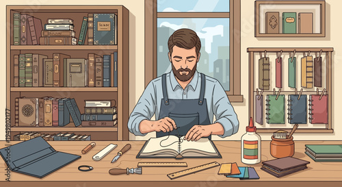 Bookbinder Crafting a Handmade Book in Workshop