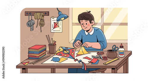 Boy Crafts Kite Indoors With Colorful Paper and Supplies