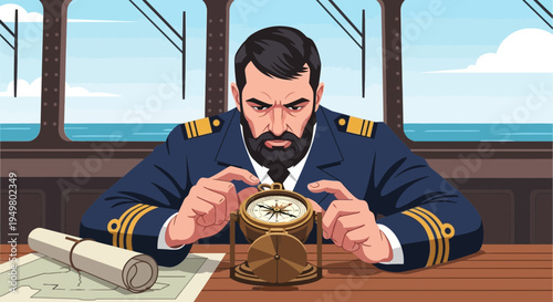 Captain Holding Compass on Ship Deck, Nautical Navigation Concept