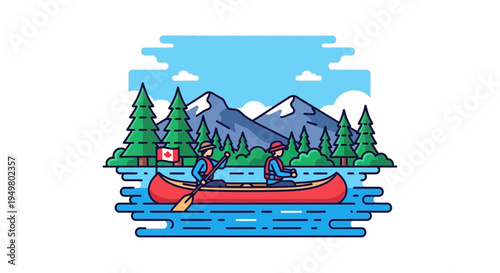 Canoeing Adventure: Two People Paddle on Lake, Mountains and Forest Background